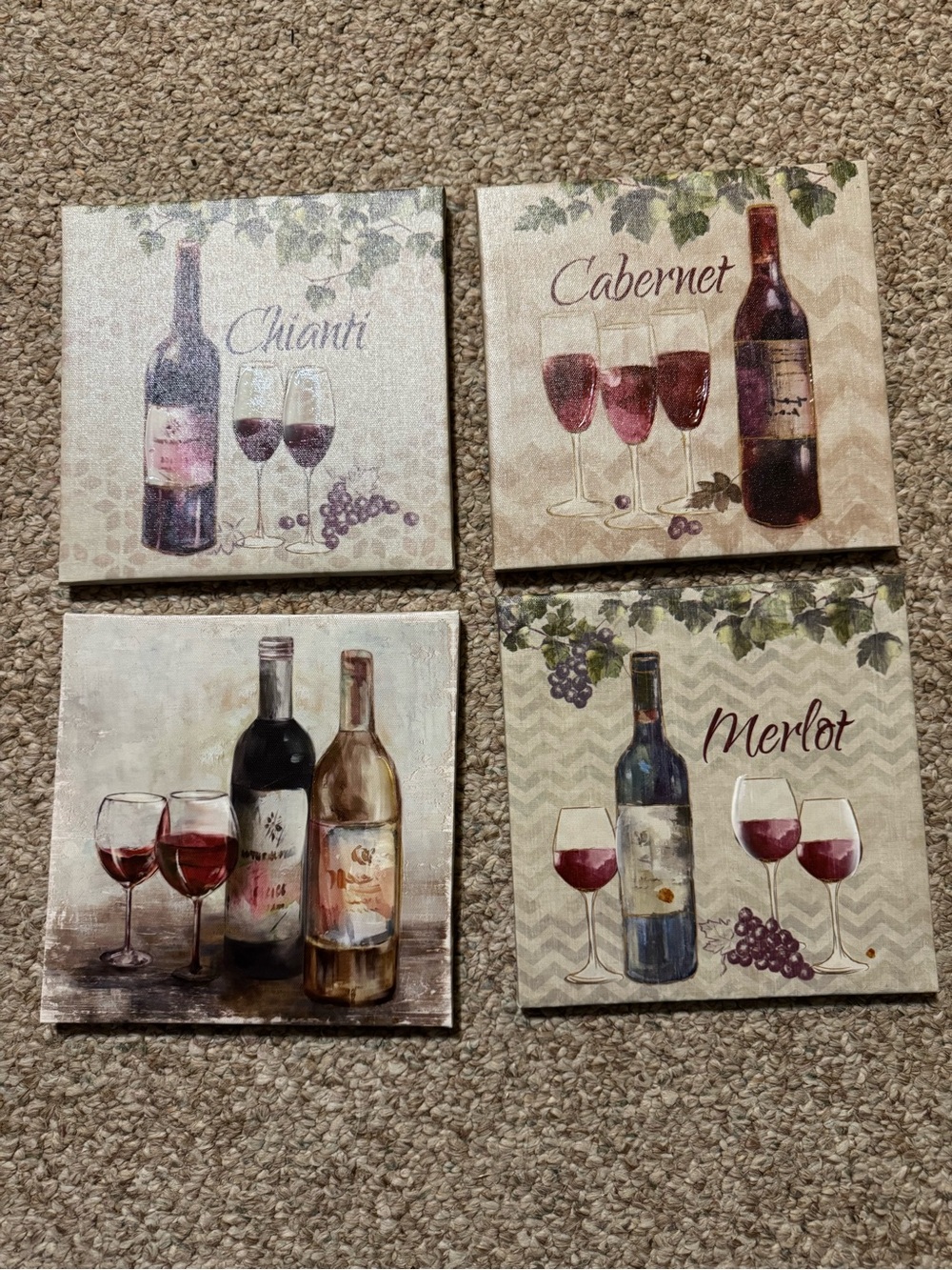 Source Unknown Wine Bottle & Glass Canvas Set in Burgundy and Cream